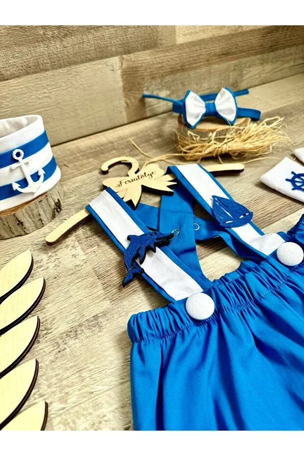 Детский комбинезон для мальчиков с принтом Sailor Concept Handmade Custom-Made Baby Boy Bow Tie Salopet Bow Tie Socks Crown Set Feriatolye, Blue — фото 2