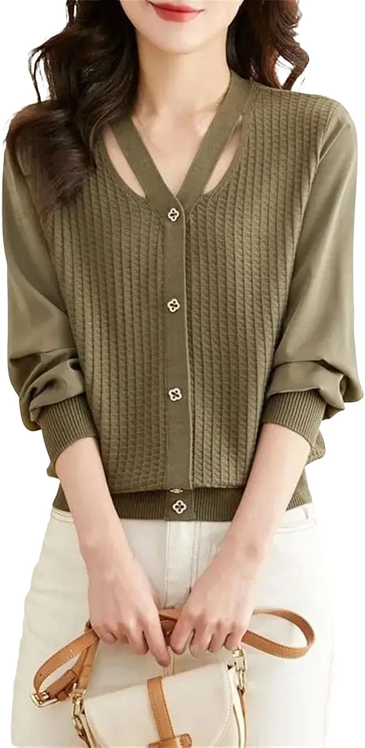 Женский кардиган с V-образным вырезом, с длинным рукавом, модель Retro Versatile, Matcha Green
