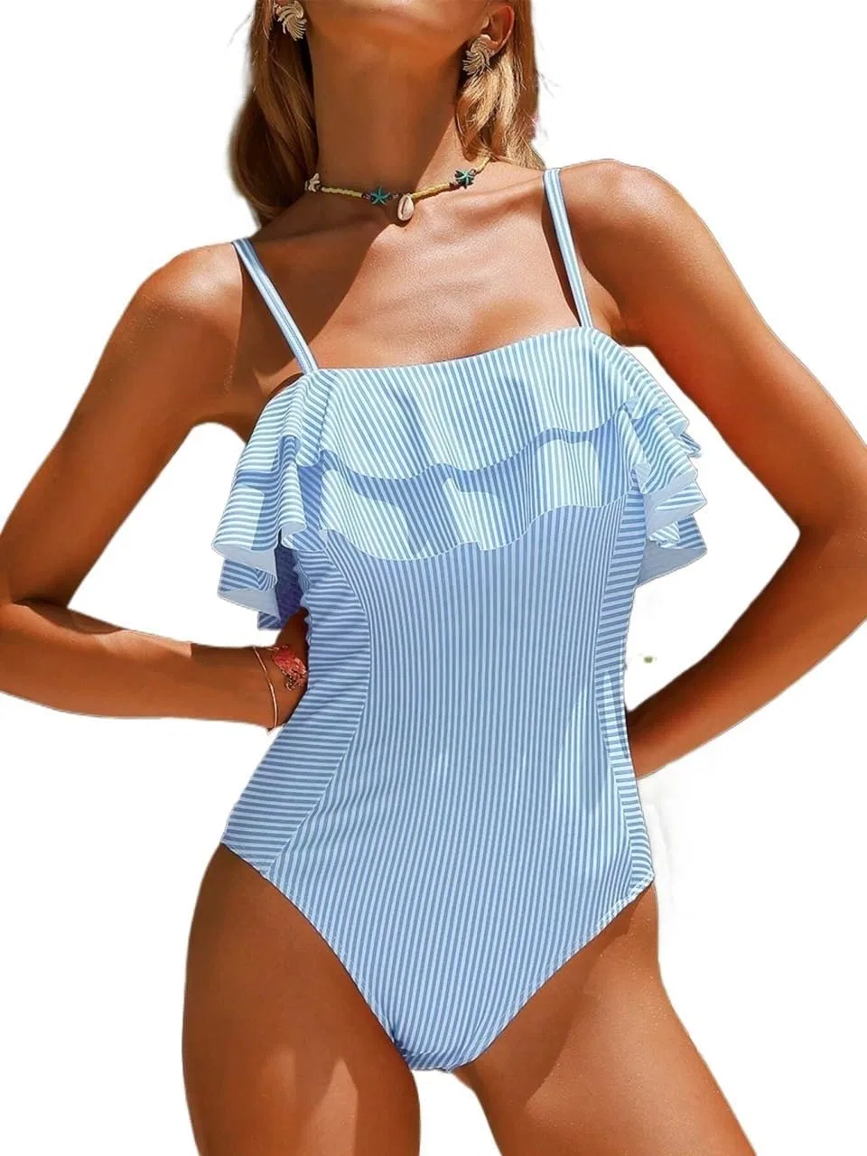 Женский монокини с воланами и ярусами, полосатый, Blue and White