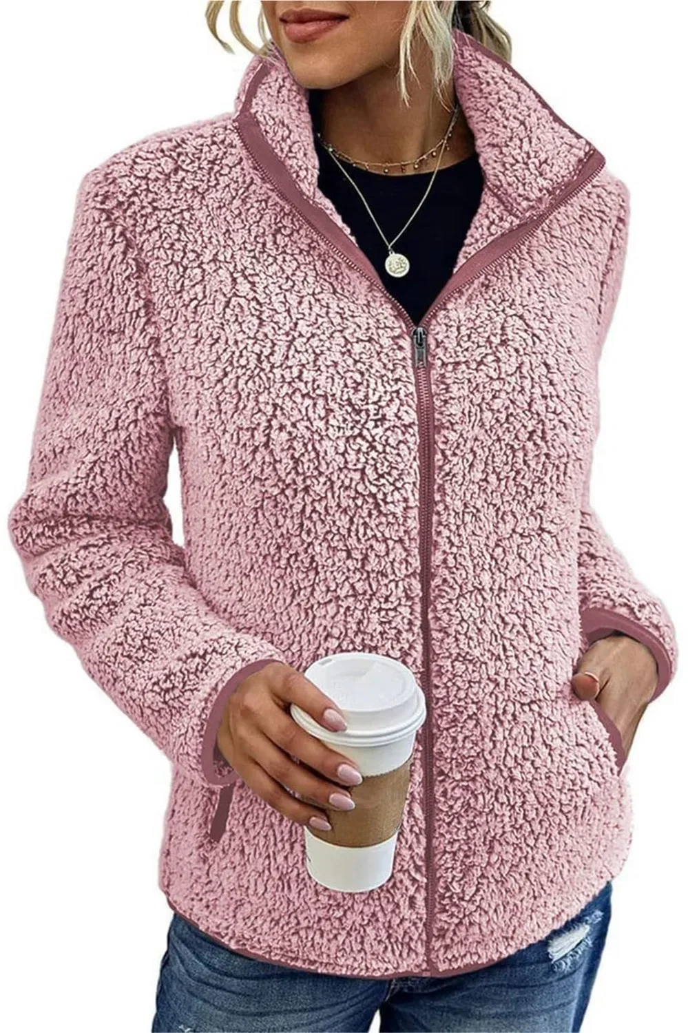 Женская куртка из флиса с высоким воротником и молнией, Pink
