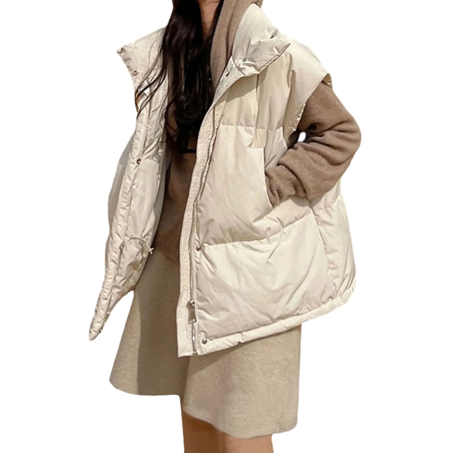 Женское зимнее пальто без рукавов с капюшоном, Beige