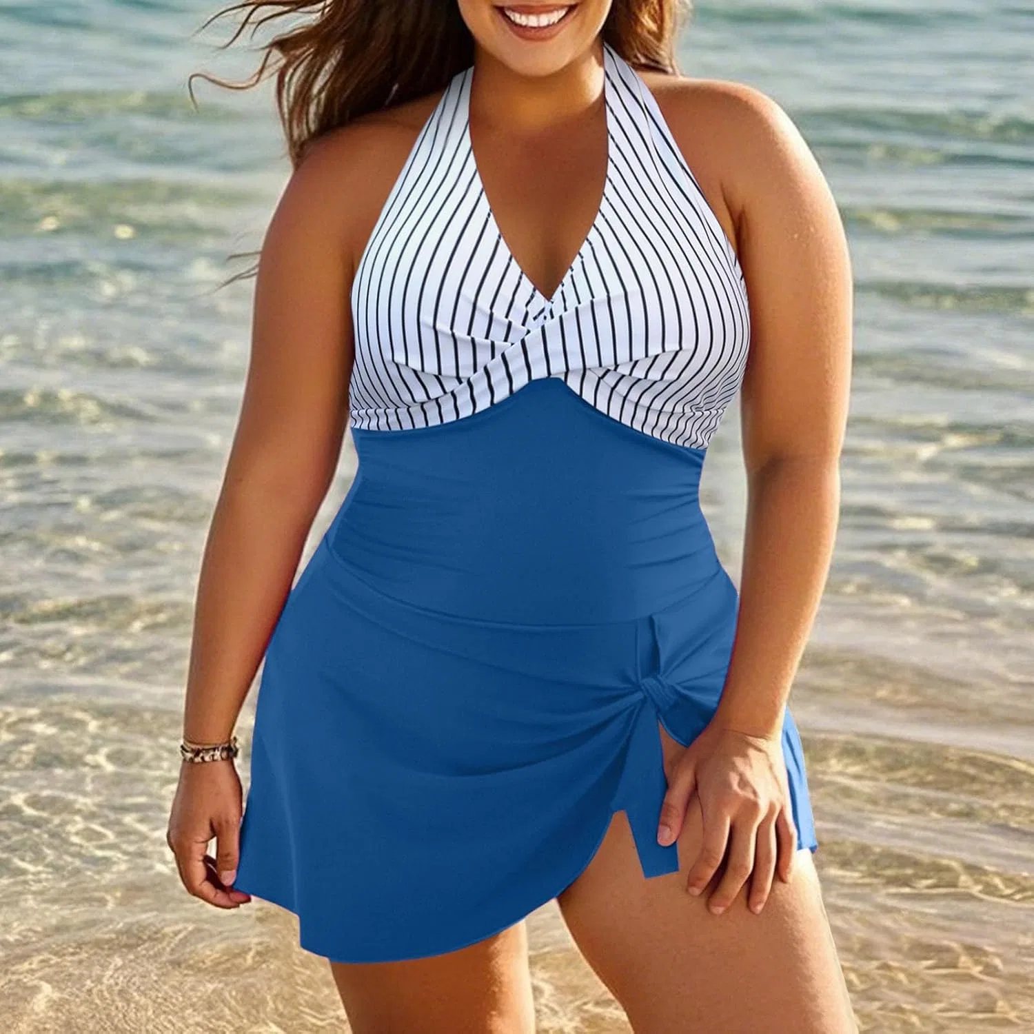 Женский купальник слитный с запахом и юбкой Plus Size, Blue — фото 2