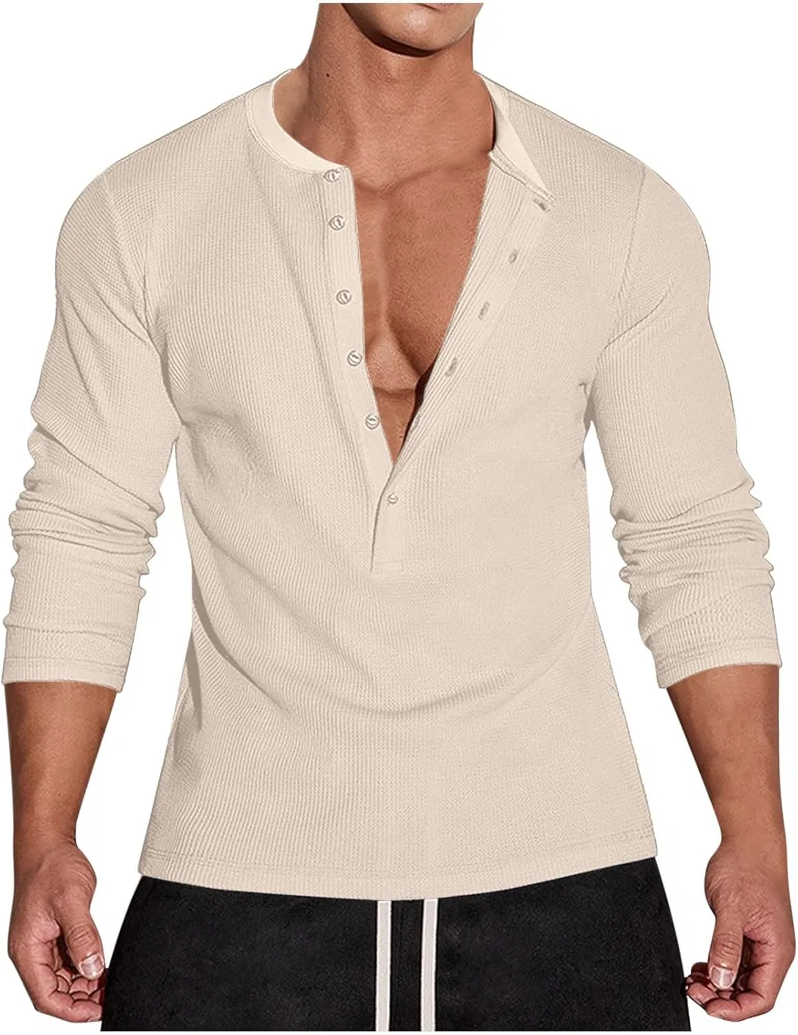 Мужская длинная футболка с вафельным узором и 6 пуговицами, Beige