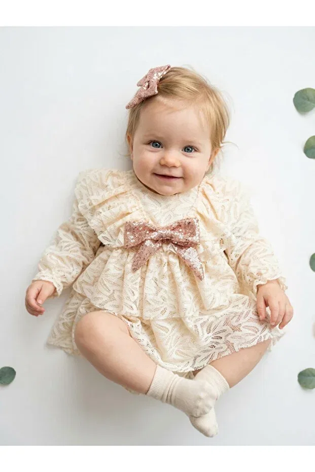 Детское платье для девочек кружевное Lola baby girl lace detailed long sleeve special occasion holiday evening dress Aysskids, Ecru — фото 3