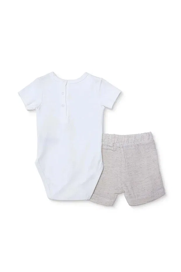 Детская рубашка для мальчиков хлопковая mevlüt outfit buttoned shirt collar short sleeve patchwork Ebebek Hello Baby, Beige — фото 2