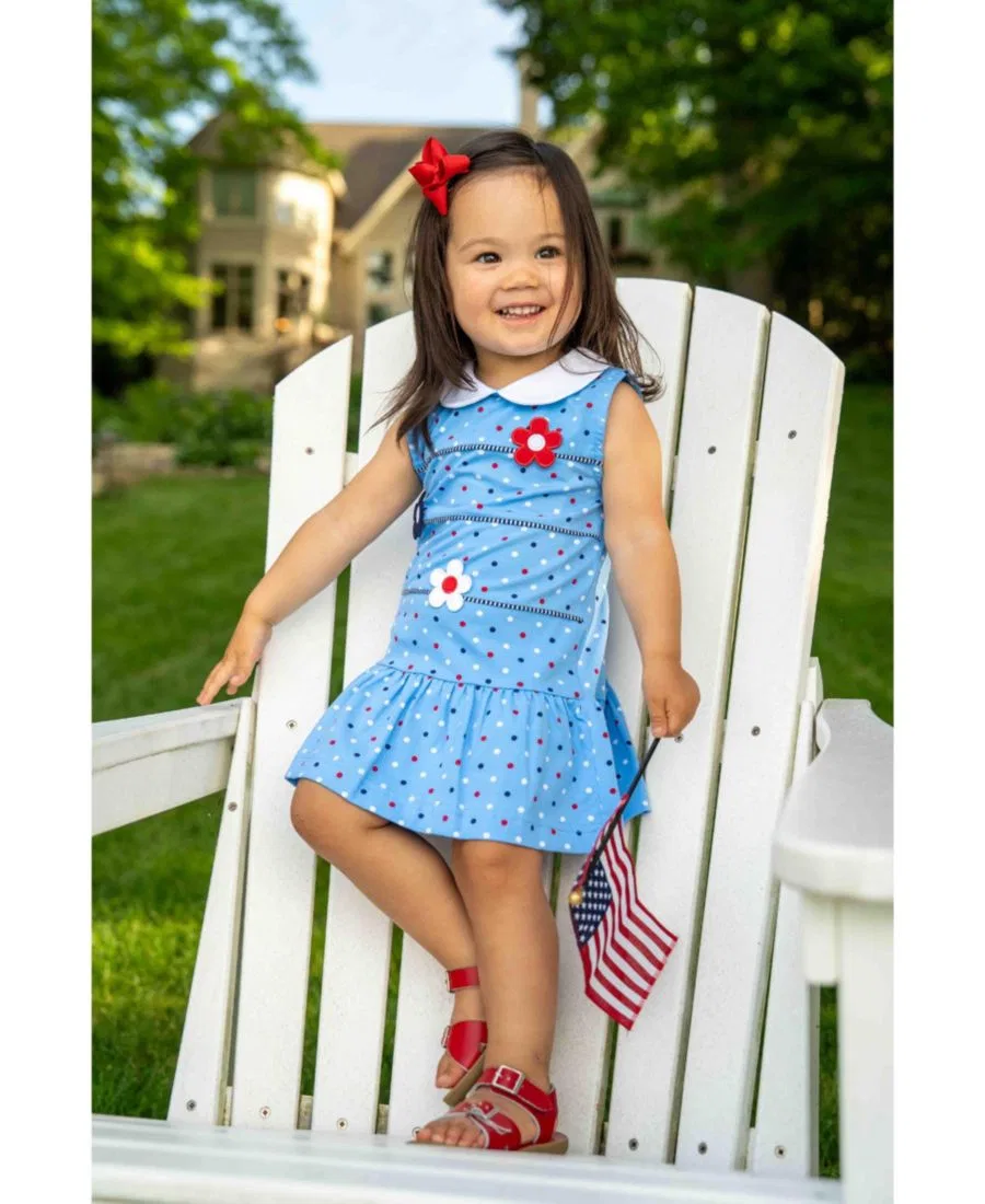 Платье для девочек без рукавов с принтом в горошек, модель Big Girls 7-8 Printed Knit Dress With Flowers Florence Eiseman, Medium Blue 429 — фото 2