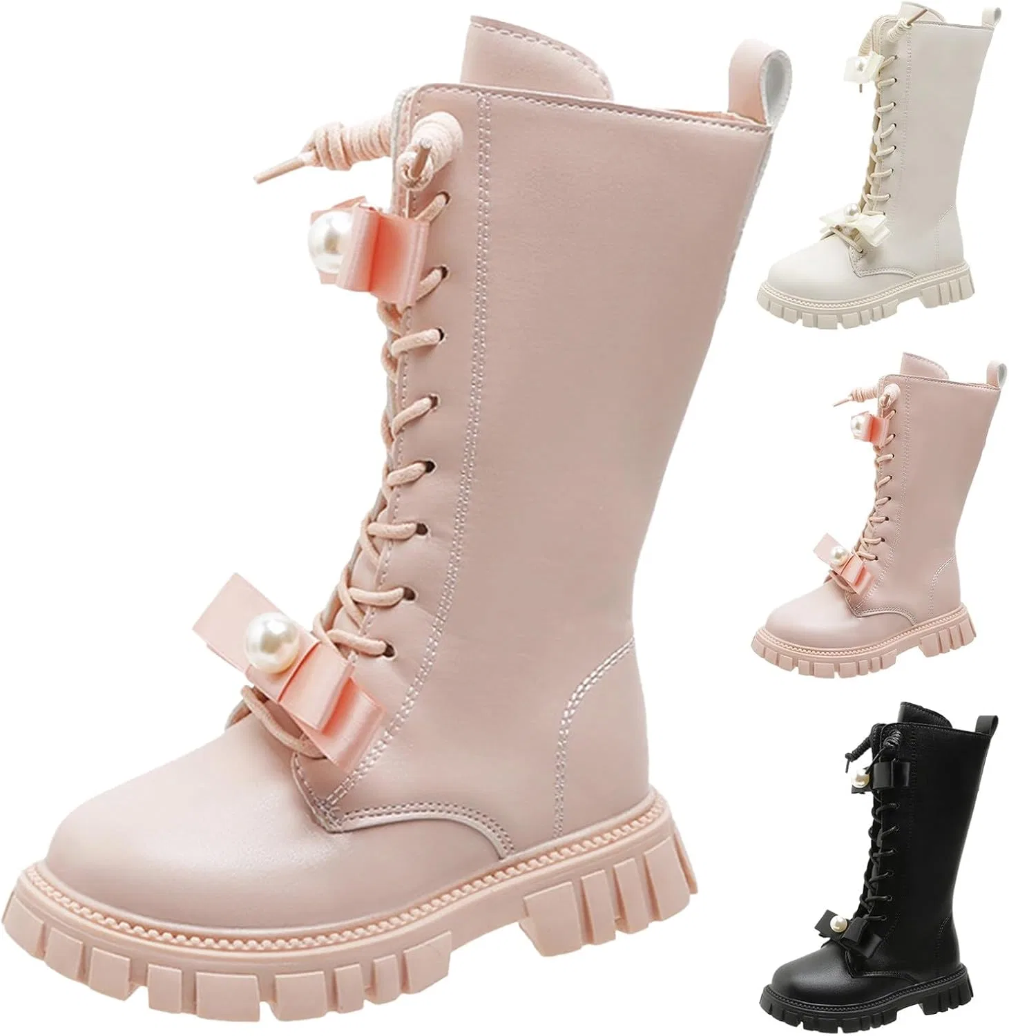 Детские кожаные сапоги для девочек с бантом и шнуровкой HBDHEJL, Pink