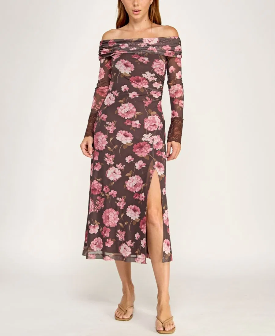 Платье-миди с цветочным принтом, модель Off-The-Shoulder Long-Sleeve Floral Printed Mesh Midi Dress Trixxi, Burgundy — фото 2