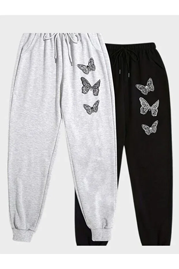 Детские спортивные штаны для девочек с принтом 2-Piece Butterfly Printed Elastic Cm Buseyiz, Gray-Black