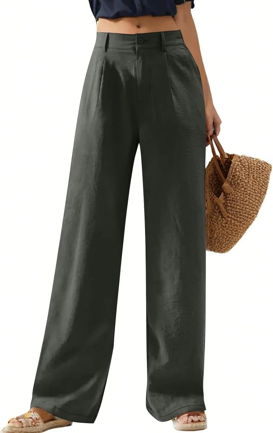 Женские широкие брюки из льна с высокой посадкой, Dark Green