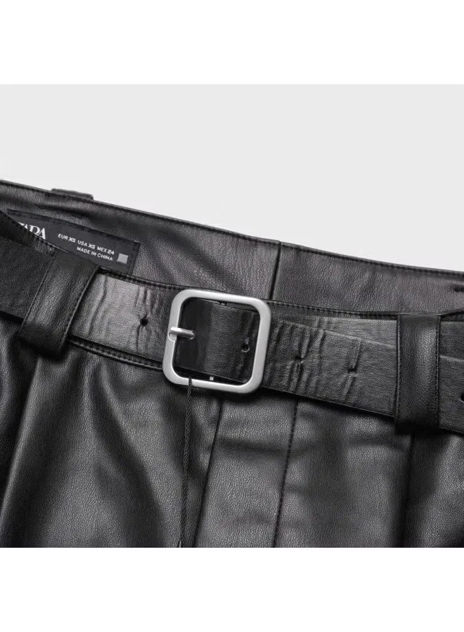 Юбка-трапеция плиссированная мини кожаная Zara, черный — фото 4
