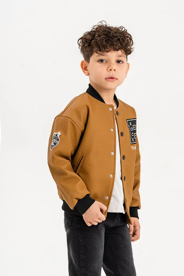 Детское пальто-блейзер для девочек с принтом Rock Embroidered Snap Fastener Boy's Leather Jacket Dazzledkids, Mustard — фото 3