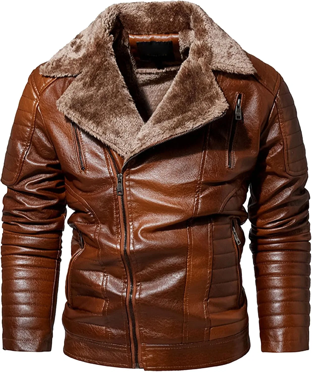 Мужская куртка из кожзаменителя с меховым воротником, модель Motorbike, коричневый