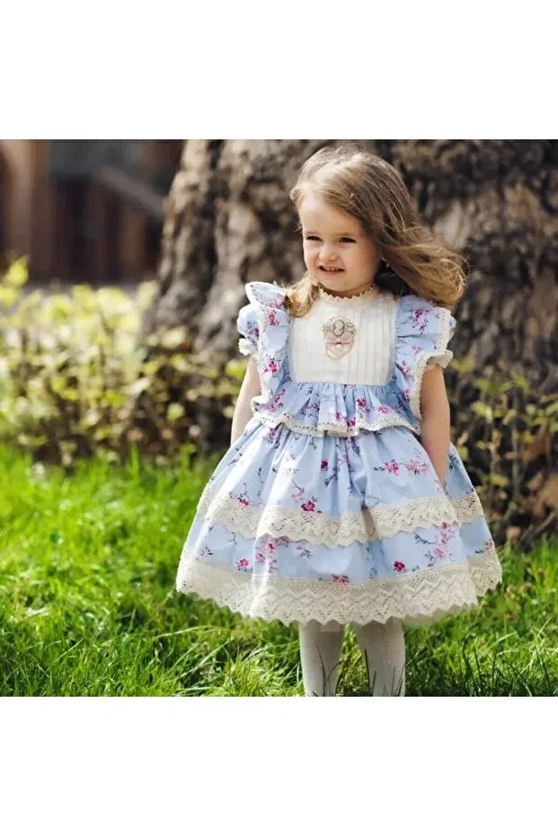 Детское кружевное платье для девочек с коротким рукавом Linarookids, Blue