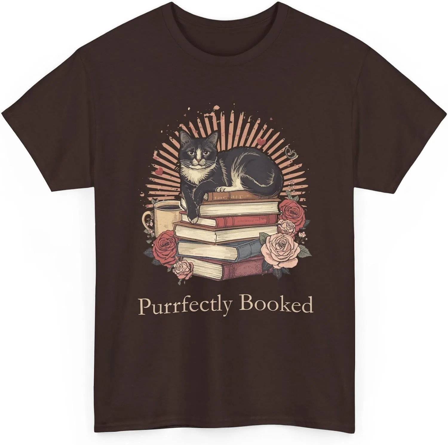 Женская футболка с принтом Purrfectly Booked, тёмно-шоколадный
