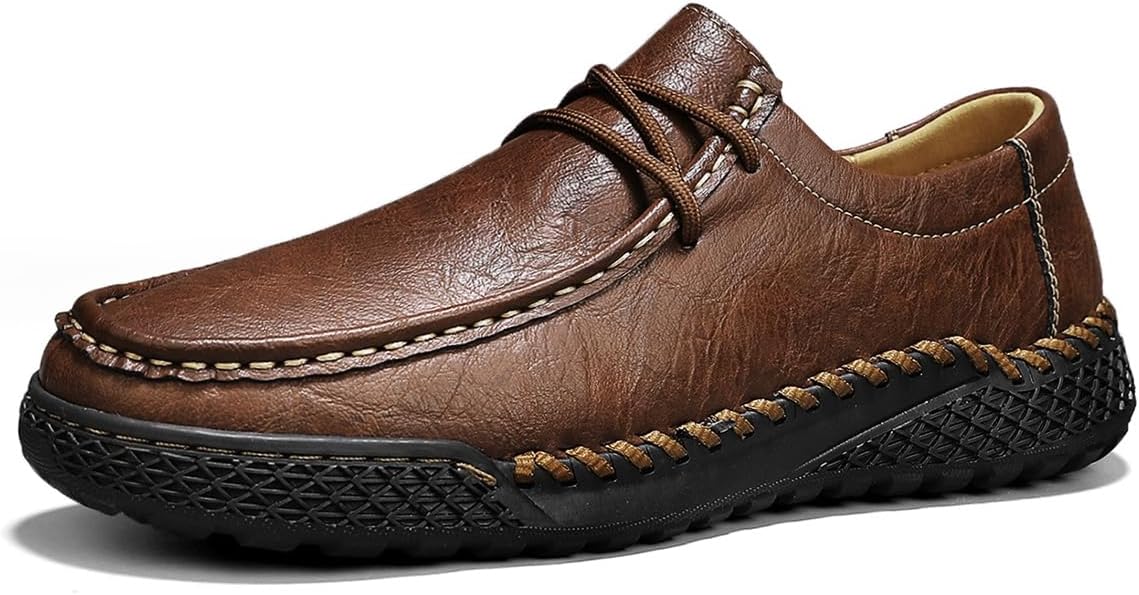 

Мужские премиальные кожаные повседневные туфли, кроссовки для прогулок, сандалии, ручная строчка подошвы, натуральная текстура, стиль рабочей одежды, кожаная подкладка, легкие Generic, темно-коричневый