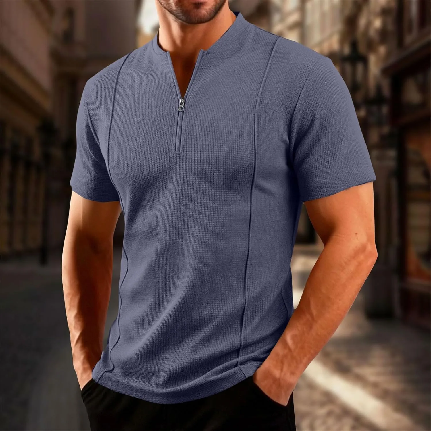 Мужская поло с коротким рукавом и воротником-стойкой, текстурированная, slim fit — фото 2