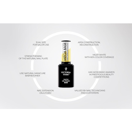 Mega Base Milk White Undercoat для крепких и длинных ногтей УФ-светодиодный гибридный гель-лак 15 мл молочно-белый Victoria Vynn — фото 3