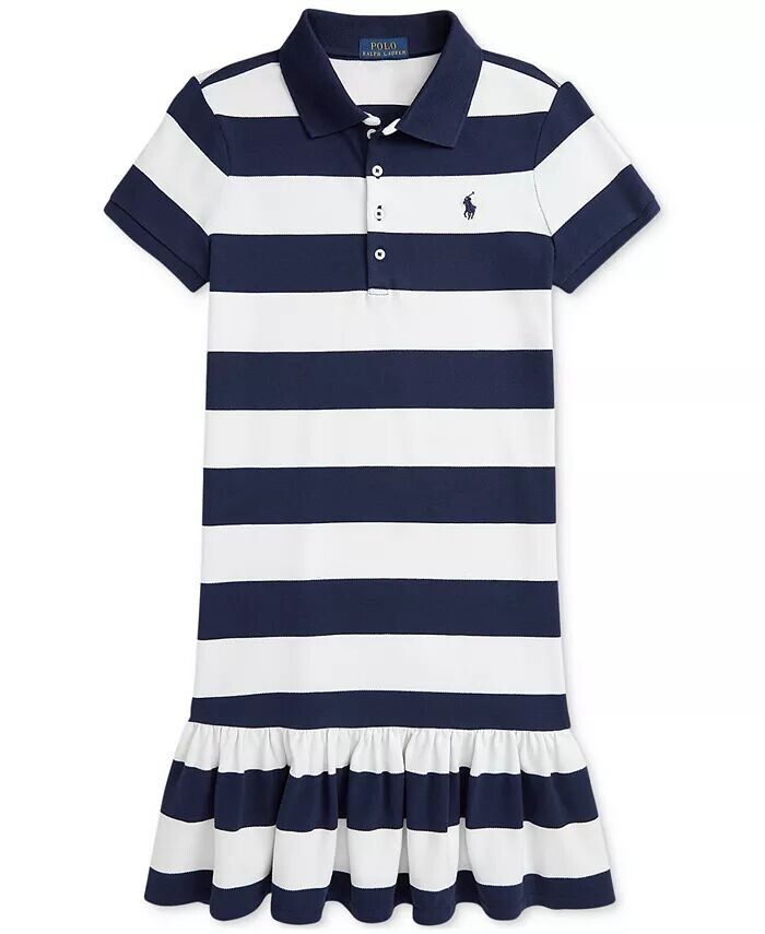 

Платье-поло из эластичной сетки в полоску для больших девочек Polo Ralph Lauren, синий