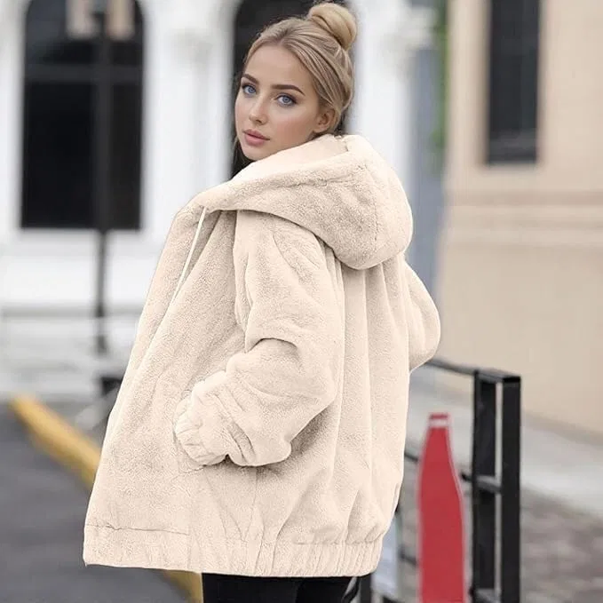 Женская куртка с флисом и капюшоном, с принтом, Winter Fleece Hooded Jackets, Beige — фото 4