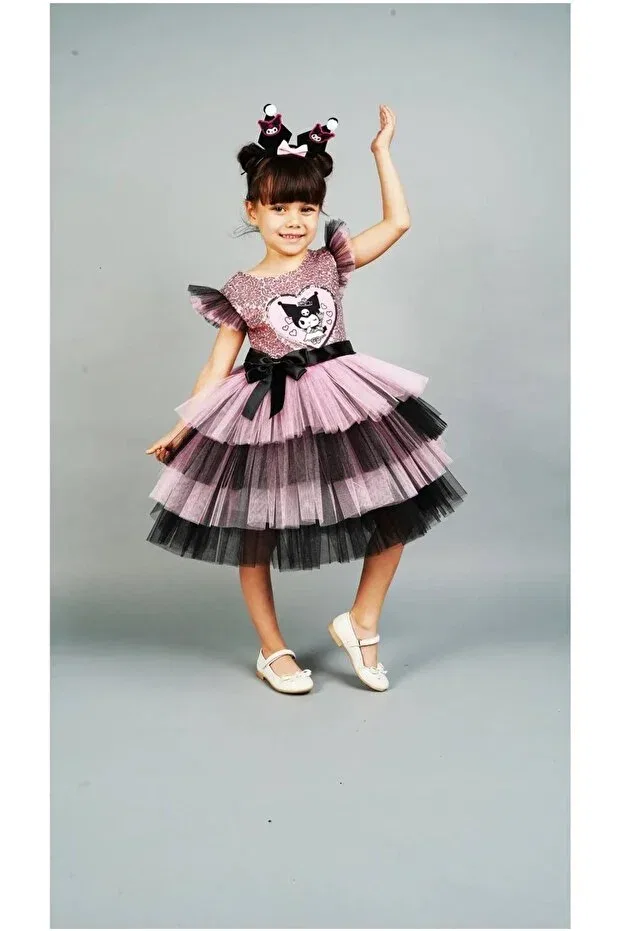Детское платье для девочек с принтом Kuromi crown accessory Diamondstar, Pink-Black — фото 3