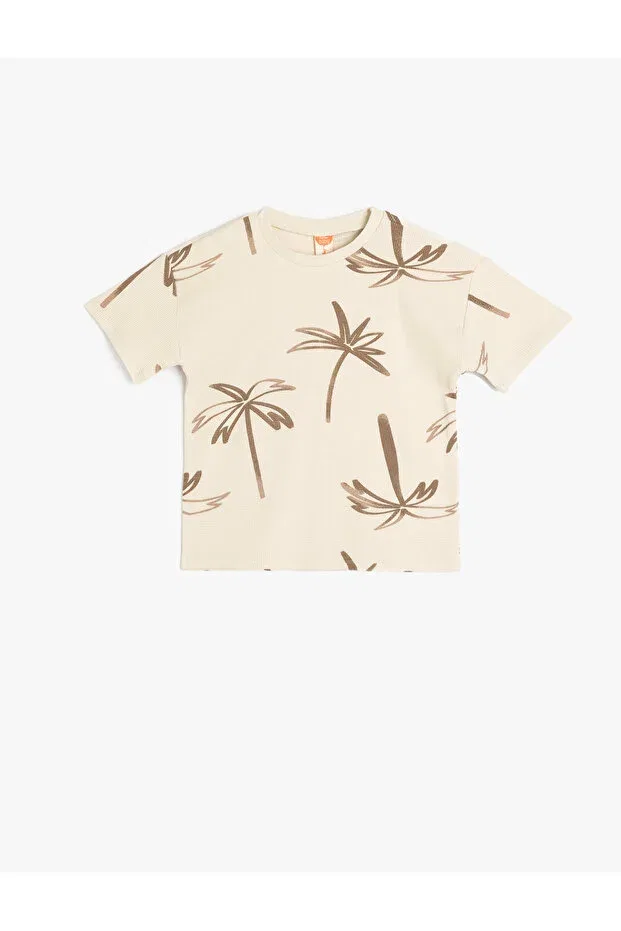 Детская футболка с принтом Palm Print Short Sleeve Crew Neck Cotton Koton, Ecru Patterned