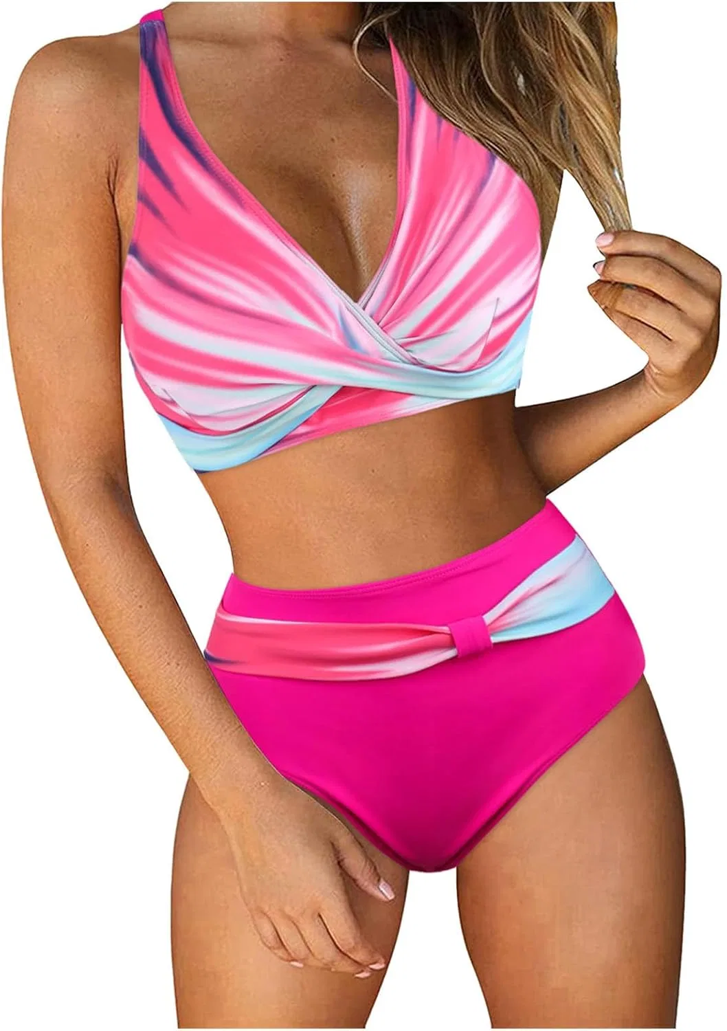 Женский танкини-комплект с высокой талией и эффектом push-up, Hot Pink