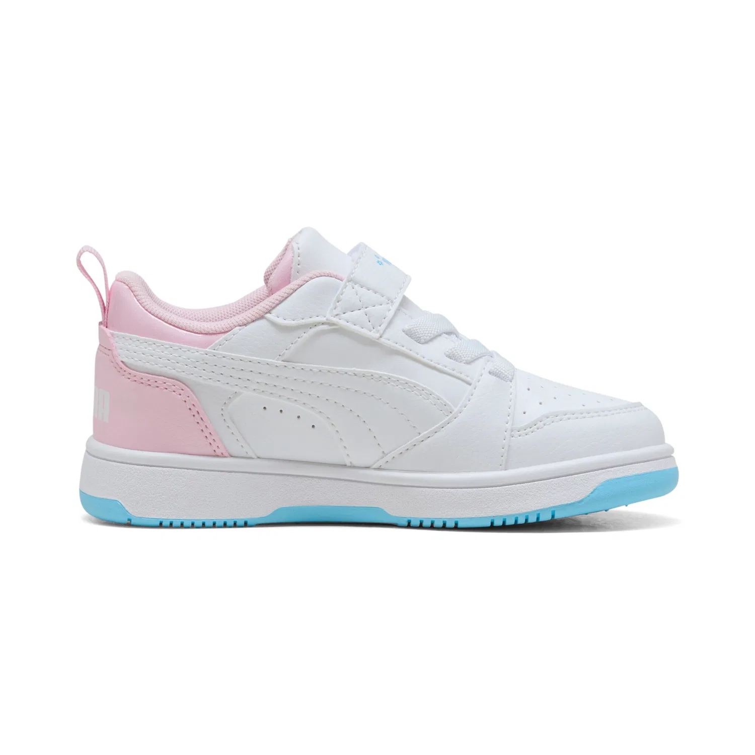 Детские кроссовки с легкопрофилированной подошвой PUMA REBOUND V6 LO JELLY HEAVEN AC PS, White/Vibrant Blue/Pink Shimmer — фото 3