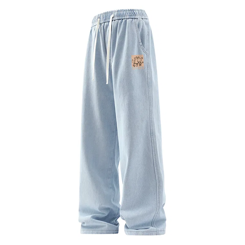 Детские джинсы прямого кроя Wealth and Prosperity Pants Logo MINISO, Classic Washed Cotton-Soft Skin-Friendly Black Gray — фото 3