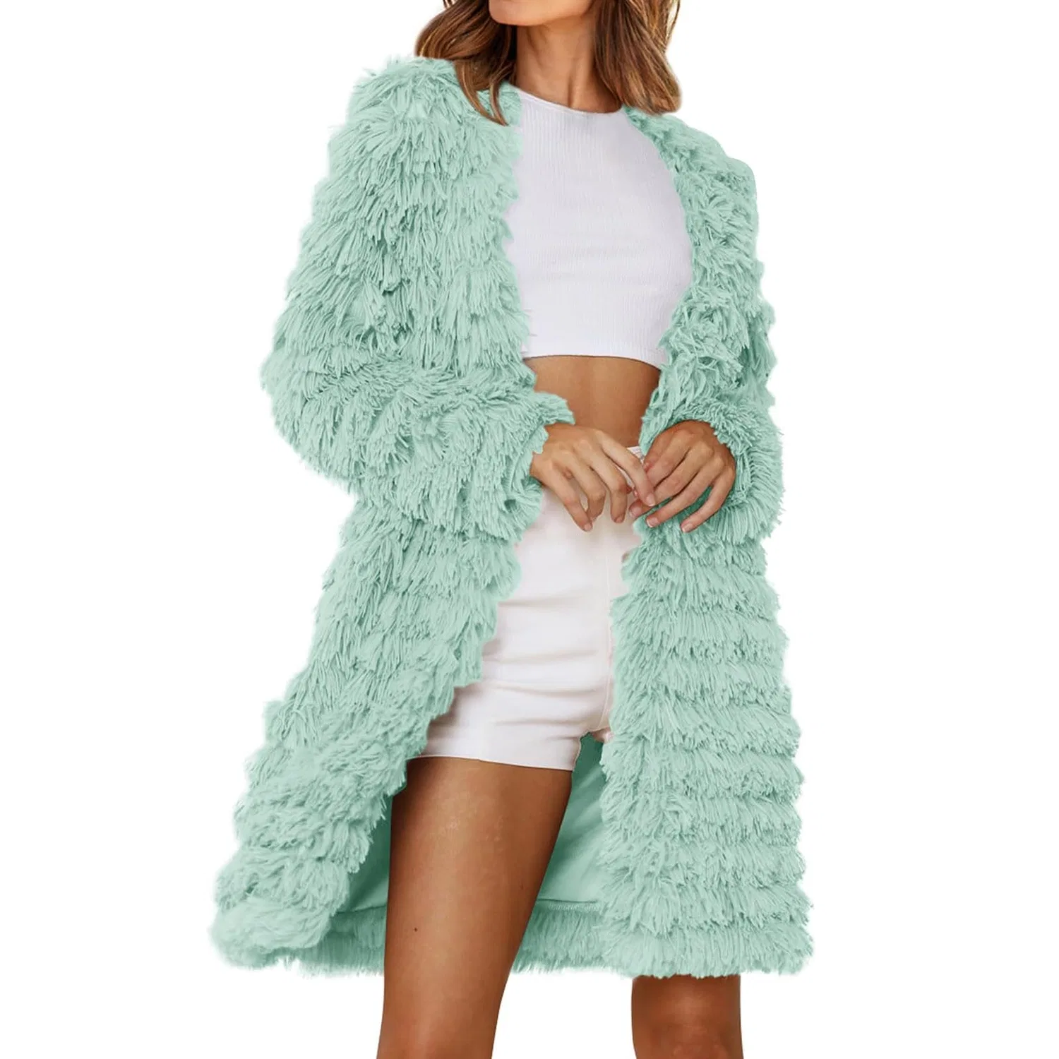 Женское пальто из искусственного меха с принтом, модель Cappotto di pelliccia sintetica da donna rosa, Verde menta