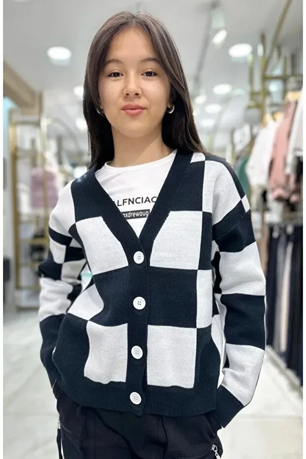 Детский кардиган вязаный Checkerboard patterned knitwear cardigan Minimoda Kids, Dark Navy Blue