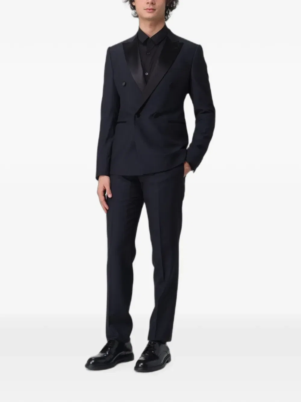 Двубортный костюм из чистой шерсти Emporio Armani, черный — фото 2