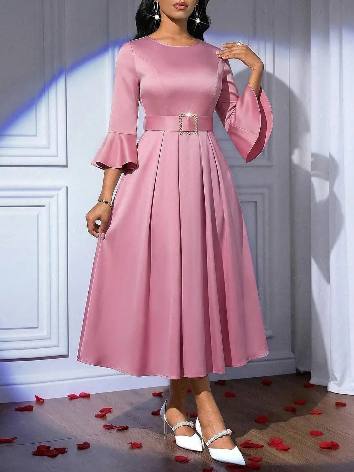 Женское повседневное миди-платье с воланами Generic, Pink — фото 3