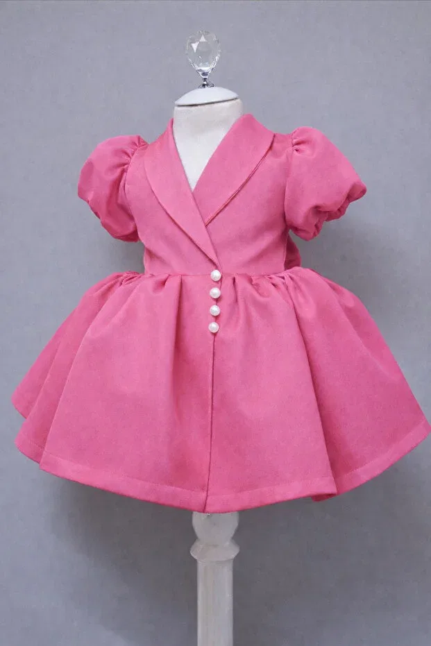 Детское вечернее платье для девочек с воздушным рукавом Special Design Pink Pearl Button And Bow Accessories Short Balloon Sleeve Girls Evening Dress Musgem, Pink