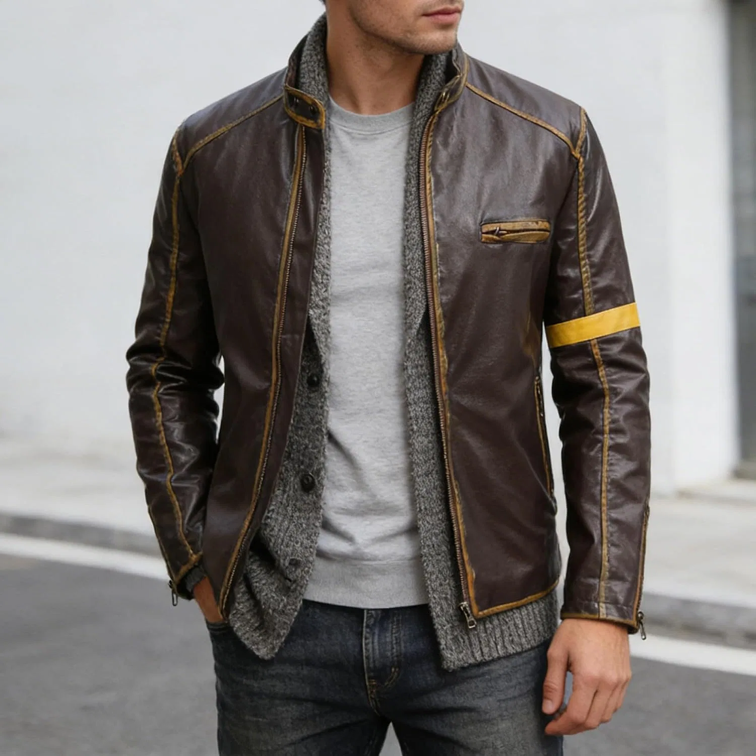 Мужская куртка-косуха с принтом, Faux Leather Biker Style, хаки — фото 2