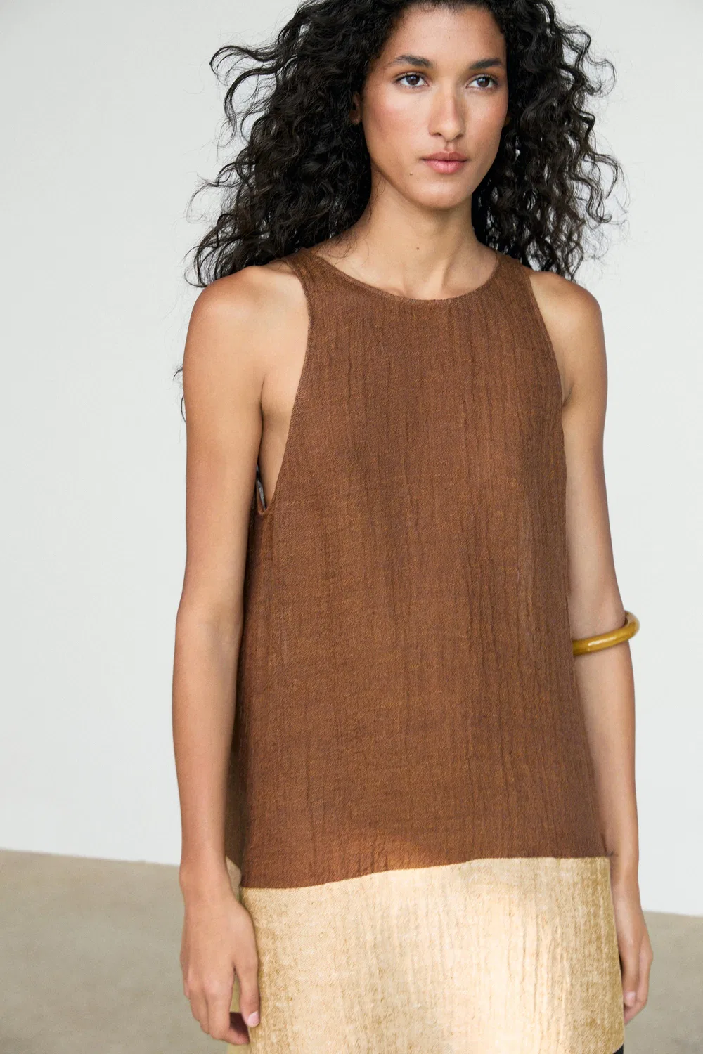 Платье миди из комбинированной льняной смеси Massimo Dutti, коричневый — фото 3