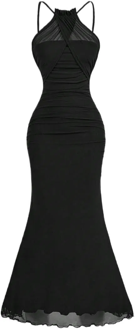 Женское длинное платье без рукавов с запахом Halter Neck, Black