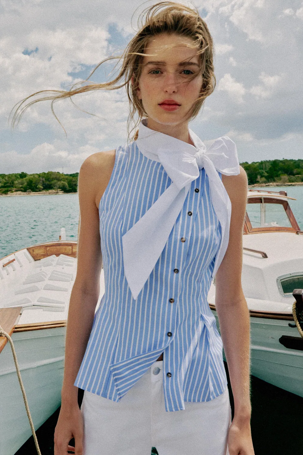 Полосатая рубашка без рукавов с завязками на шее ZARA, Blue/White