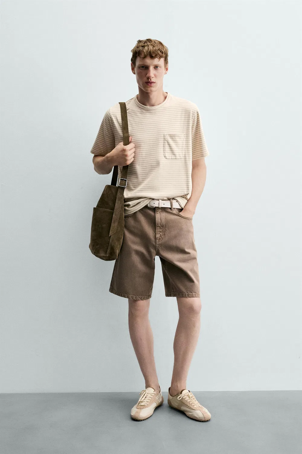 Полосатая жаккардовая футболка с карманом ZARA, Grey/Natural