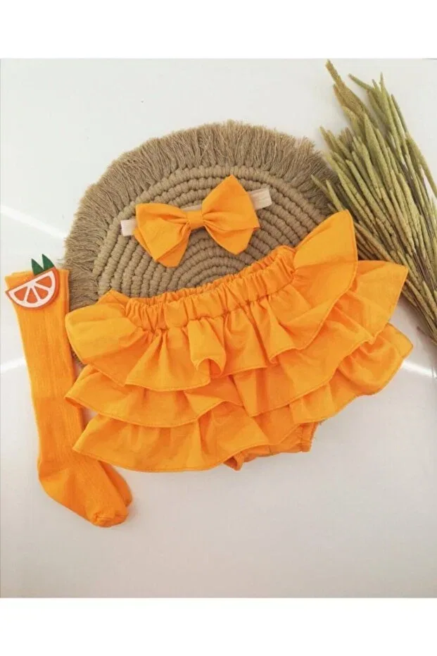 Детский комплект для девочек с принтом Baby girl orange ruffled shorts skirt bandana and orange figured knee socks set Mini Kids Baby, Orange