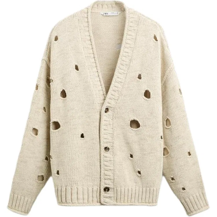 Мужской вязаный кардиган с V-образным вырезом, белый, ZARA, Raw White