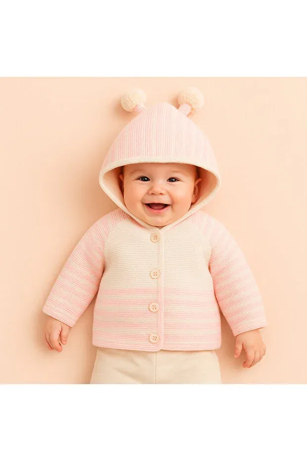Детский кардиган с капюшоном Knitwear Hooded Double Layer Baby Girl - Boy Cardigan Coat Myzi Store, Beige-Pink Striped