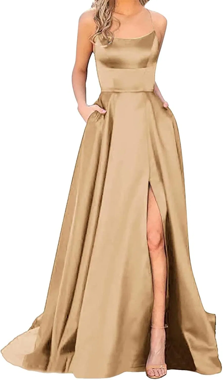 Женское вечернее платье с карманами Satin Halter Spaghetti Strap, Khaki