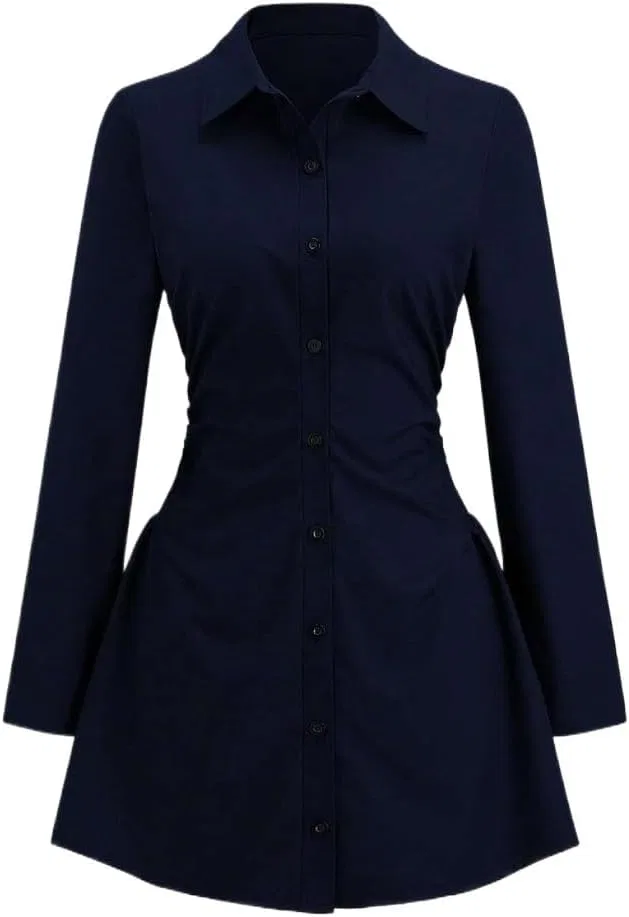 Женское платье-рубашка приталенное с драпировкой, Yuchenda, Navy Blue