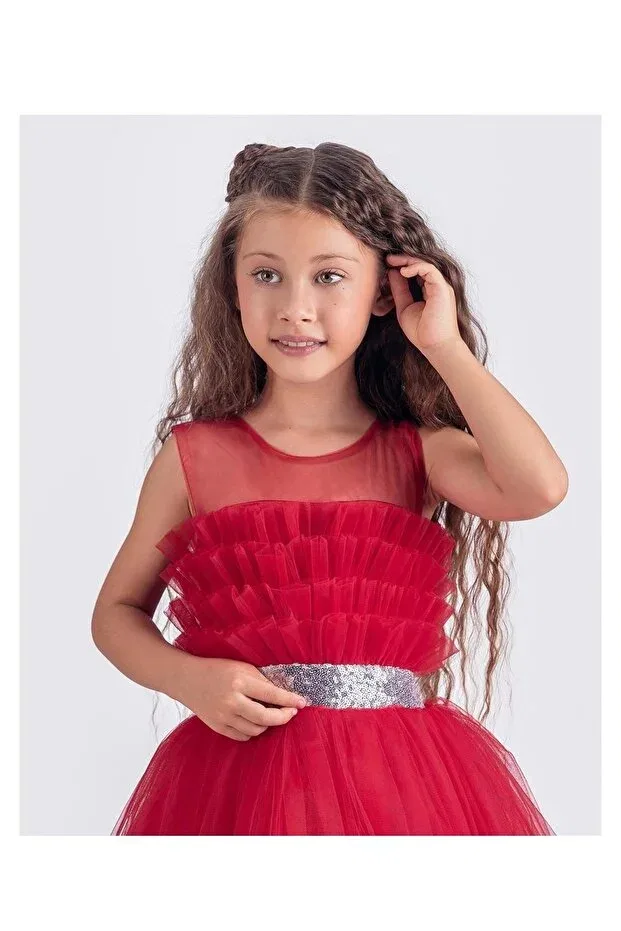 Детское платье для девочек сатиновое Sapes model back gipeli tulle girls' strap satin evening dress mnk0618 Mnk Baby&Kids, Red — фото 3