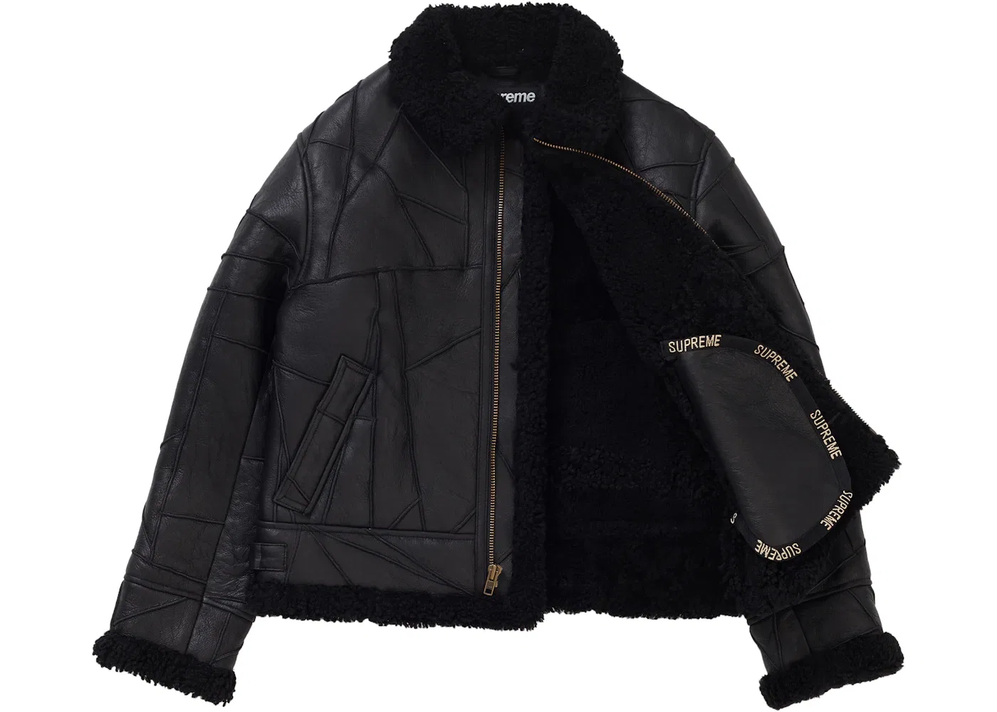 Мужской кожаный бомбер с меховой отделкой Patchwork Shearling B-3 Supreme, черный — фото 2