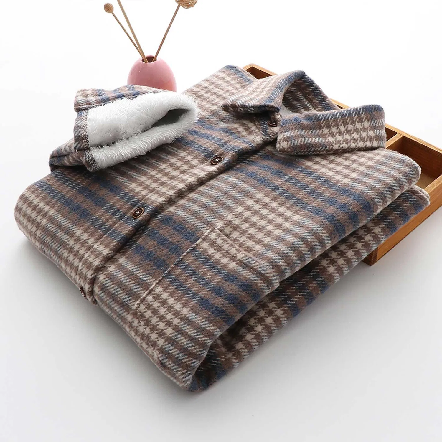Женское пальто с принтом Autunno/Inverno Caldo Plaid Camicia con Sciolto Monopetto Cappotto Donna Giacche di Formato Alto, Blu — фото 2