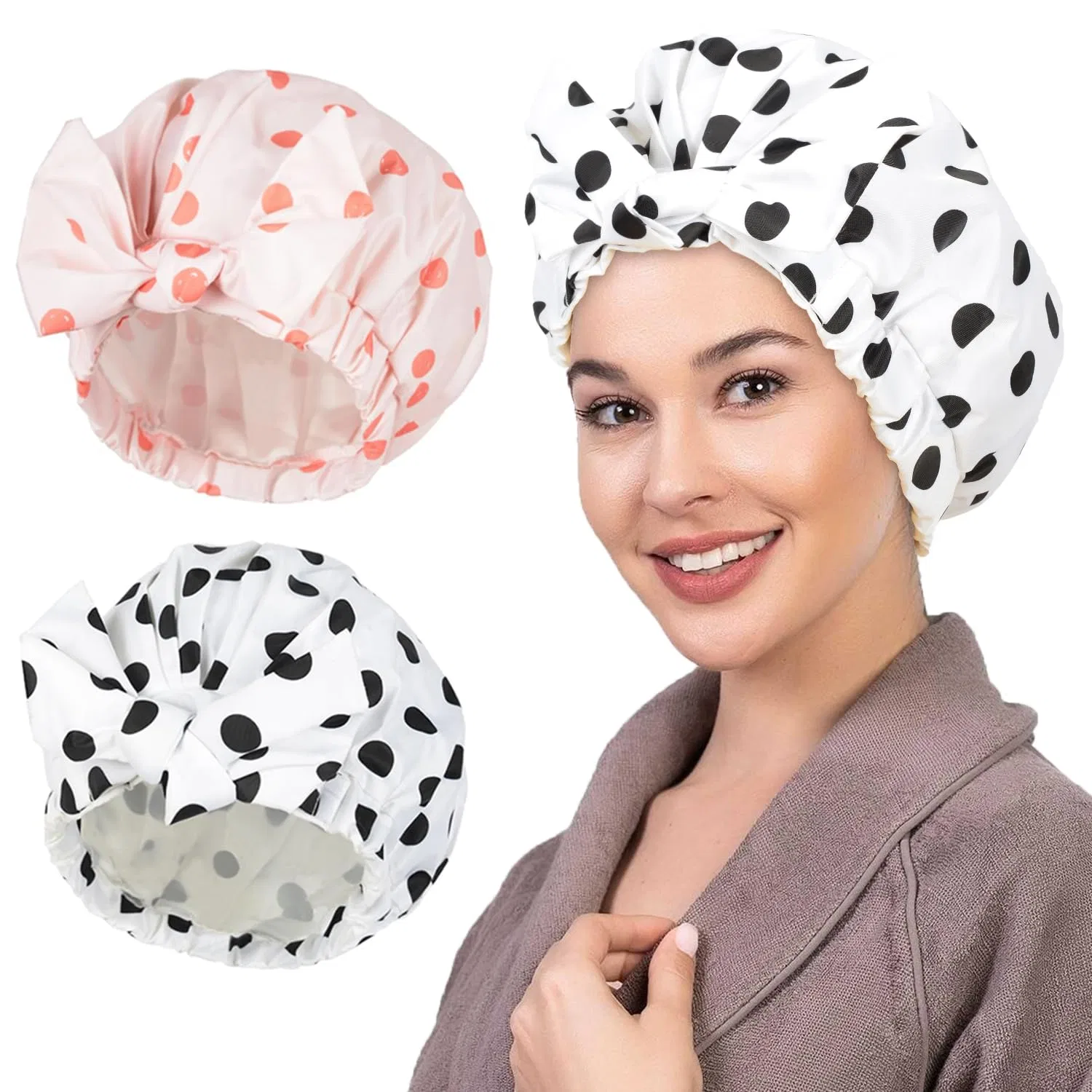 Шапочка для душа 2 шт, Luvruitaky, Black Dots And Pink Dots