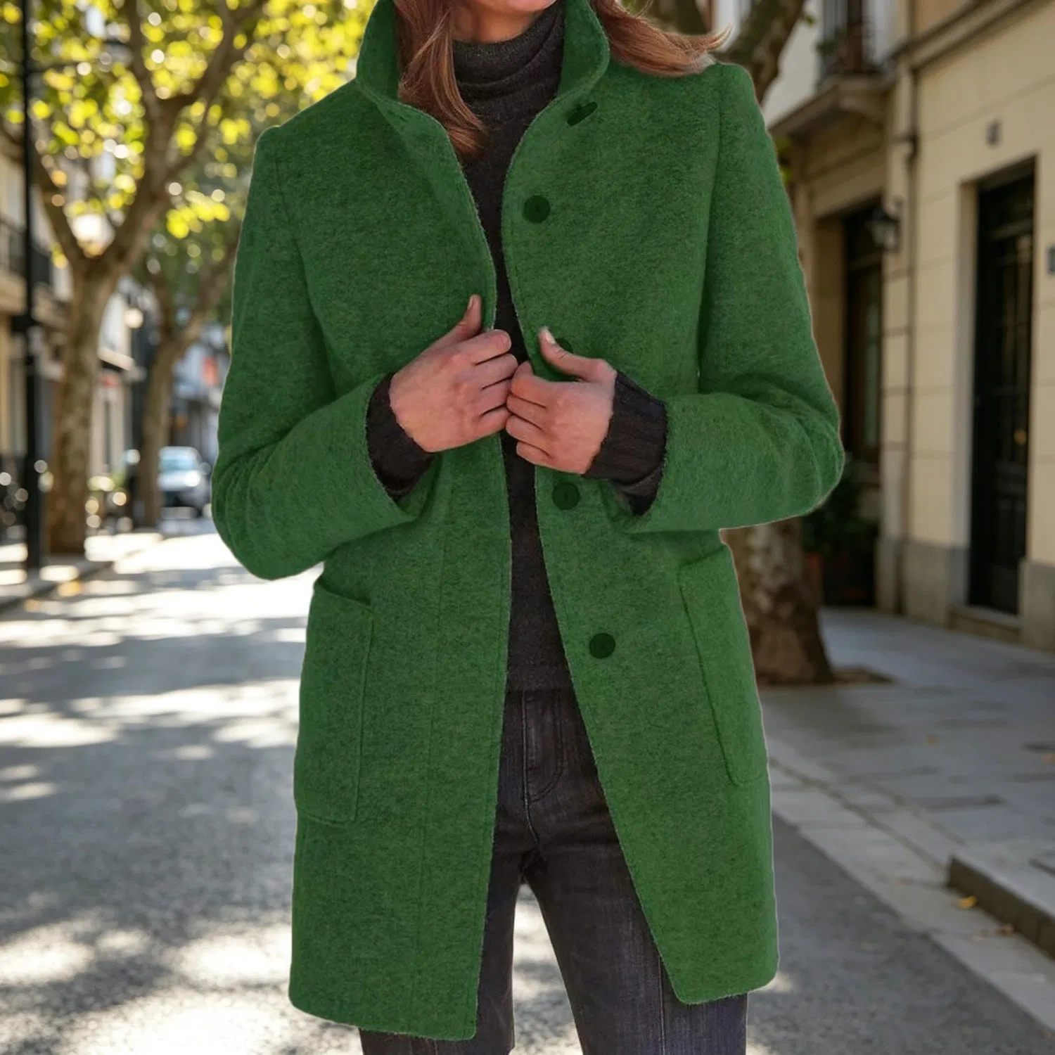 Женское шерстяное пальто с двубортной застежкой Vintage Casual, Verde scuro — фото 2