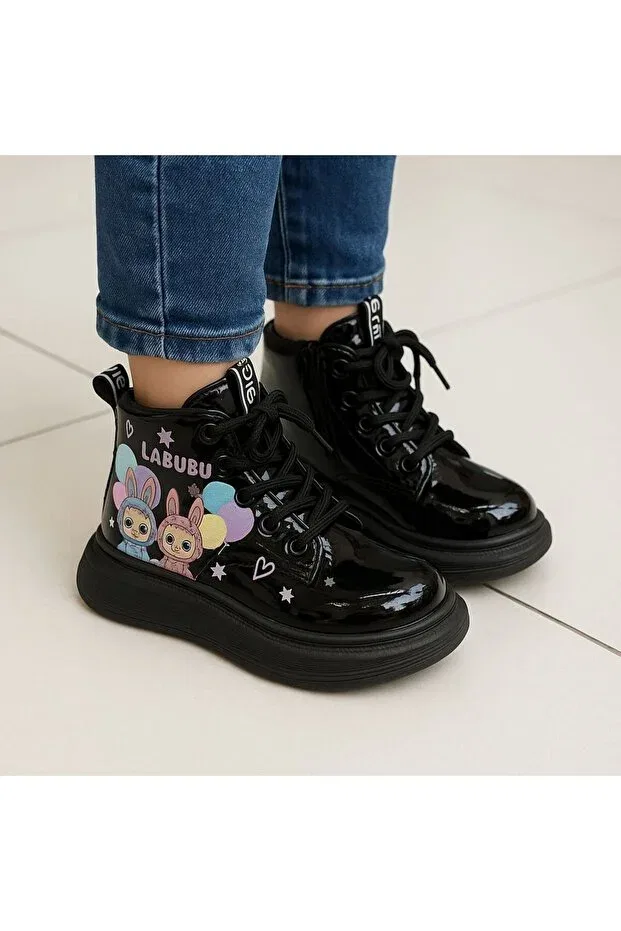Детские ботинки для девочек с принтом labubu themed Görkem Bebe Ayakkabı Ve Tekstil, Black
